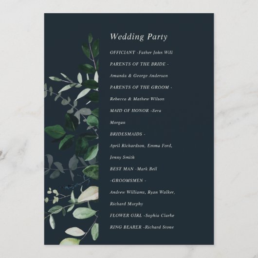 Green Navy Black Leafy Foliage Wedding Programme Programmakaart (Achterkant)