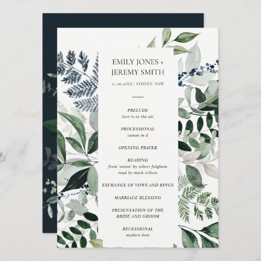 Green Navy Black Leafy Foliage Wedding Programme Programmakaart (Voorkant / Achterkant)