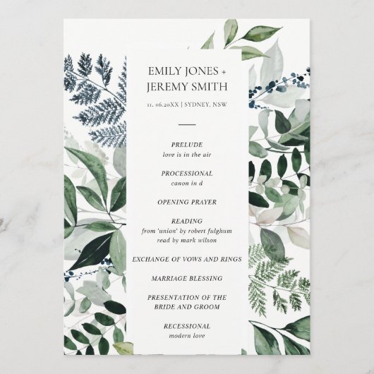 Green Navy Black Leafy Foliage Wedding Programme Programmakaart (Voorkant)