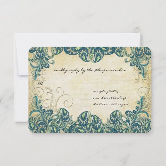 Green Navy Blue en Gold Peacock Wedding RSVP (Voorkant)