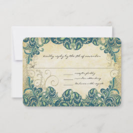 Green Navy Blue en Gold Peacock Wedding RSVP Kaartje