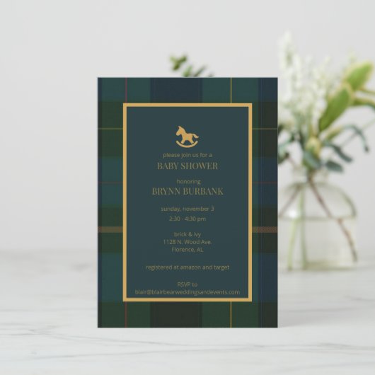 Green Navy en Gold Tartan Baby shower Invitation Kaart (Staand voorkant)