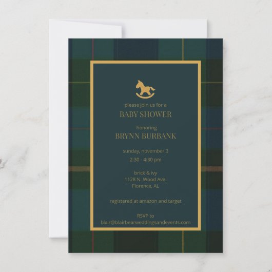 Green Navy en Gold Tartan Baby shower Invitation Kaart (Voorkant)