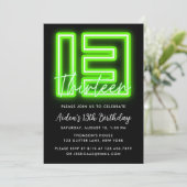 Green Neon 13th Birthday Invitation Kaart (Staand voorkant)