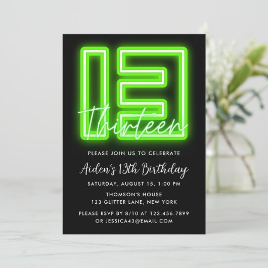 Green Neon 13th Birthday Invitation Kaart (Staand voorkant)