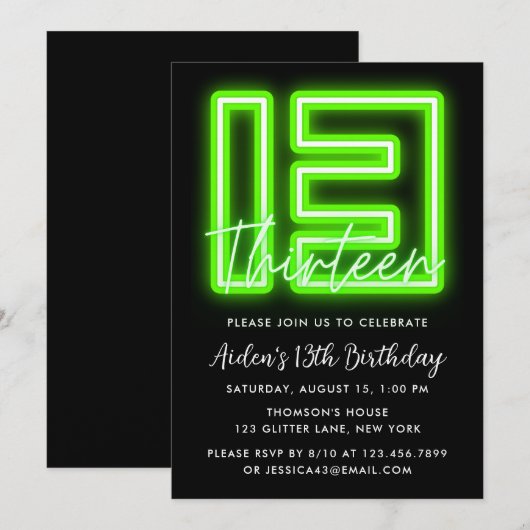 Green Neon 13th Birthday Invitation Kaart (Voorkant / Achterkant)