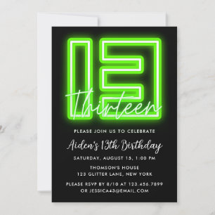 Green Neon 13th Birthday Invitation Kaart