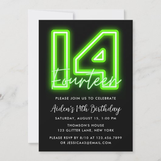 Green Neon 14th Birthday Invitation Kaart (Voorkant)