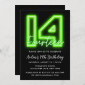 Green Neon 14th Birthday Invitation Kaart (Voorkant / Achterkant)