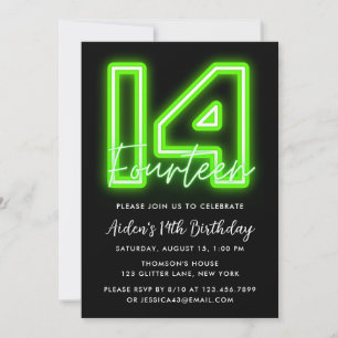Green Neon 14th Birthday Invitation Kaart