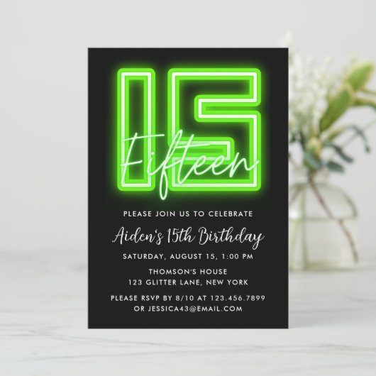 Green Neon 15th Birthday Invitation Kaart (Staand voorkant)