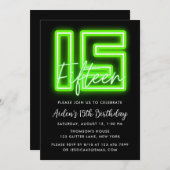 Green Neon 15th Birthday Invitation Kaart (Voorkant / Achterkant)