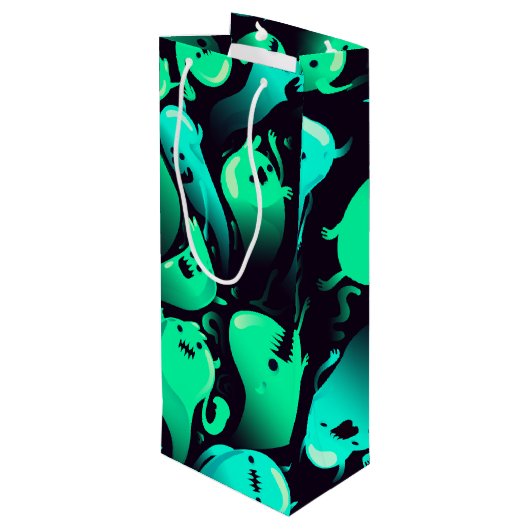 Green Neon Ghost Patroon Wijn Cadeautas (Achterkant Gekanteld)