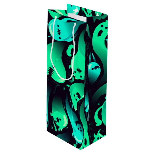 Green Neon Ghost Patroon Wijn Cadeautas (Voorkant Gekanteld)