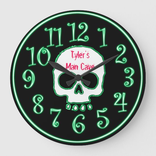 Green Neon Skull Custom Name Man Cave Clock Grote Klok (Voorkant)