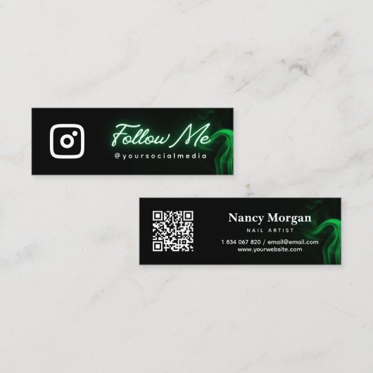 Green Neon Volg Social Media QR Code Mini Visitekaartje (Voorkant / Achterkant)