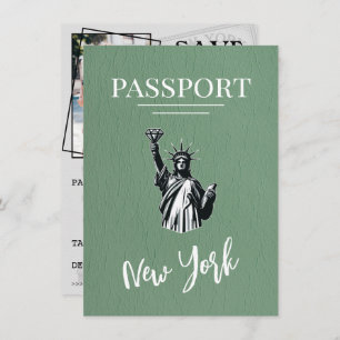 Green New York City Passport Bewaar de datum Save The Date
