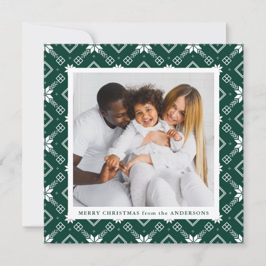 Green Nordic Snowflake Pattern Foto Feestdagenkaart (Voorkant)