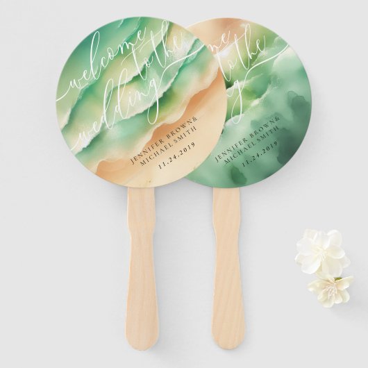 Green Ocean Beach Day Party Welkom bruiloft Handwaaier (Voorkant en achterkant)