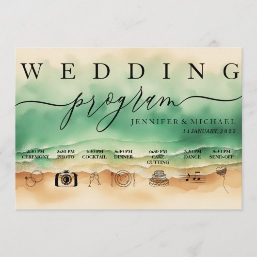 Green Ocean Beach Waterverf Signature Wed-programm Programmakaart (Voorkant)