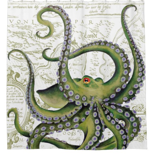 Green Octopus Map White Douchegordijn (Voorkant)