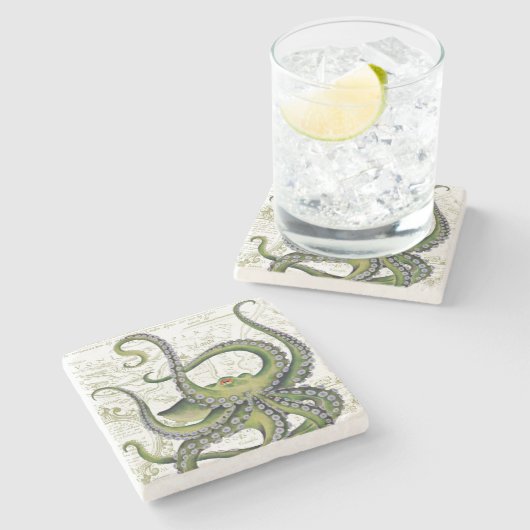 Green Octopus  Map White Stenen Onderzetter (Zijkant)