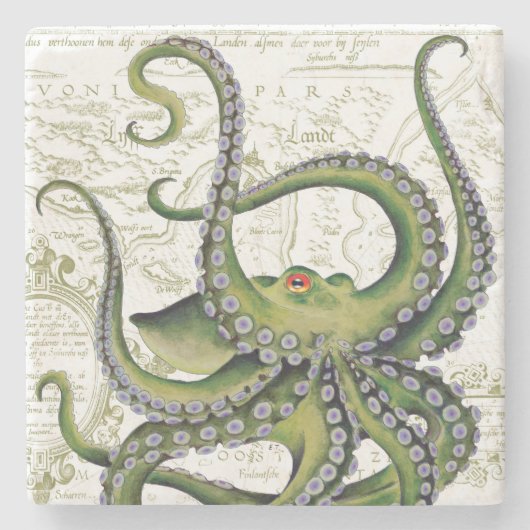 Green Octopus  Map White Stenen Onderzetter (Voorkant)