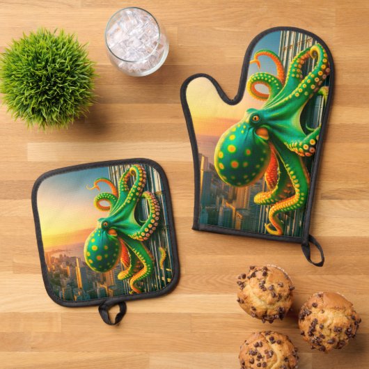 Green Octopus Ovenwant & Pannenlap Set (Top down)