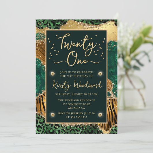 Green Oerwoud Animal Print Agate 21st Birthday Kaart (Staand voorkant)