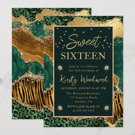 Green Oerwoud Animal Print Agate Sweet Sixteen Kaart (Voorkant / Achterkant)