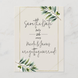 Green Olive Leaf Bone White & Gold Save the Date Aankondigingskaart