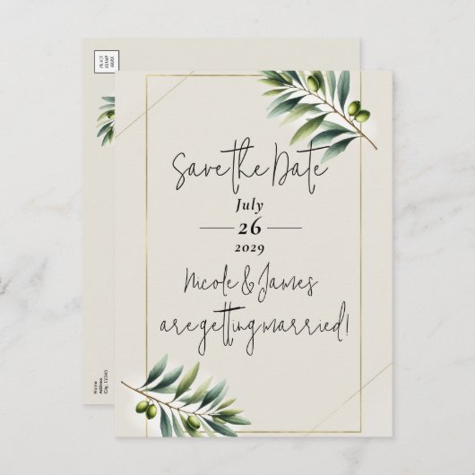 Green Olive Leaf Bone White & Gold Save the Date Aankondigingskaart (Voorkant / Achterkant)