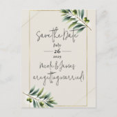Green Olive Leaf Bone White & Gold Save the Date Aankondigingskaart (Voorkant)