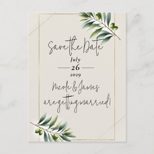 Green Olive Leaf Bone White & Gold Save the Date Aankondigingskaart (Voorkant)