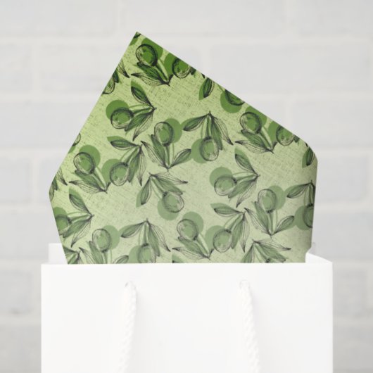 Green Olive & Leaf Pattern On Light Green Tissuepapier (Cadeauzakje)