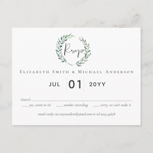 Green Olive Wreath Greenery Budget Wedding RSVP Briefkaart (Voorkant)
