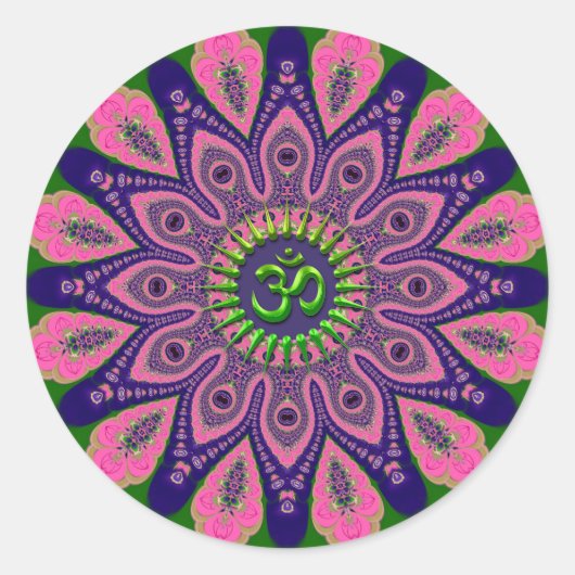Green Om Funky Pink en Indigo Mandala Ronde Sticker (Voorkant)