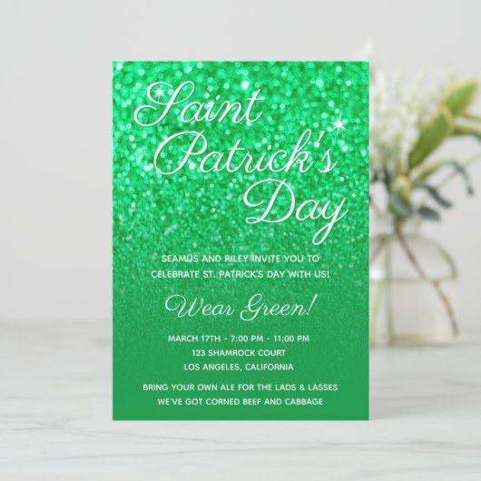 Green Ombre Glitter St. Patrick's Day Party Kaart (Staand voorkant)