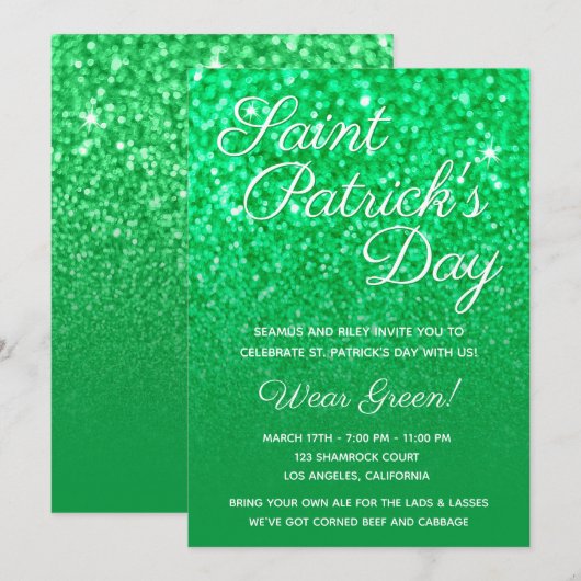 Green Ombre Glitter St. Patrick's Day Party Kaart (Voorkant / Achterkant)