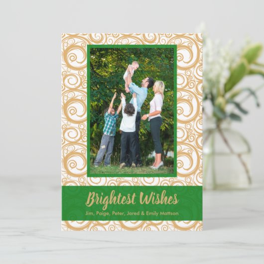 Green on Gold Swirls kerstfoto Kaart (Staand voorkant)