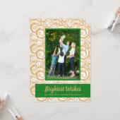 Green on Gold Swirls kerstfoto Kaart (Voorkant / Achterkant in situ)