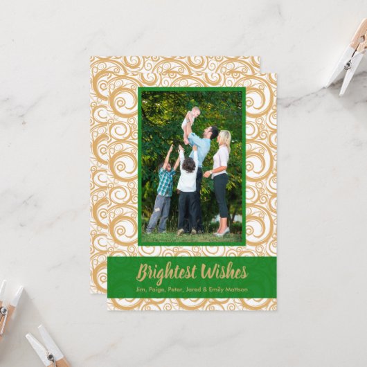Green on Gold Swirls kerstfoto Kaart (Voorkant / Achterkant in situ)