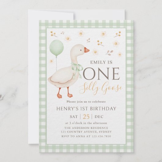 Green One Gekke Goose 1e Verjaardagsuitnodiging Kaart (Voorkant)