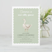 Green One Gekke Goose 1e Verjaardagsuitnodiging Kaart (Staand voorkant)