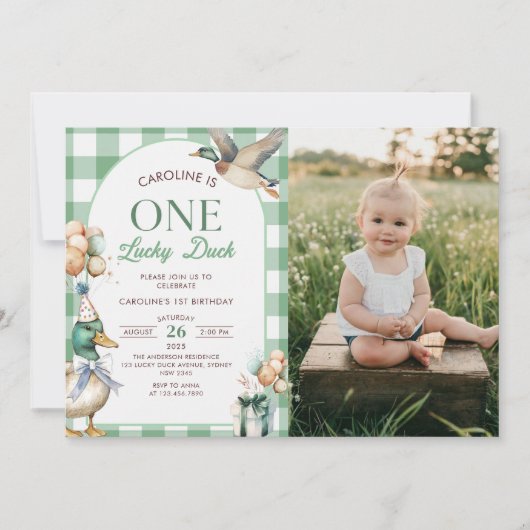 Green One Lucky Duck 1e verjaardag foto uitnodigin Kaart (Voorkant)