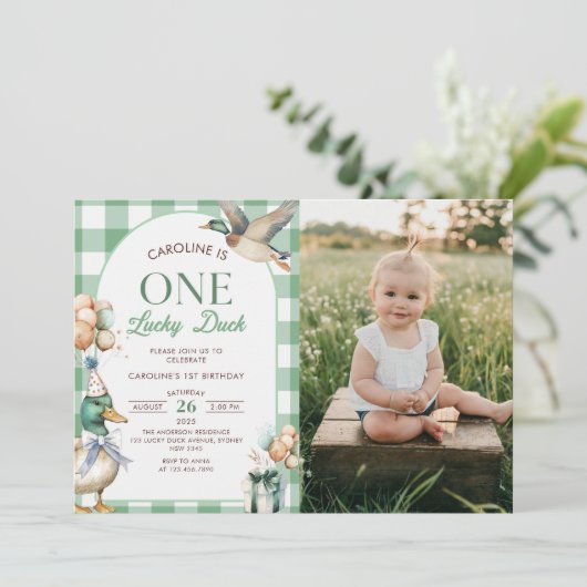 Green One Lucky Duck 1e verjaardag foto uitnodigin Kaart (Staand voorkant)