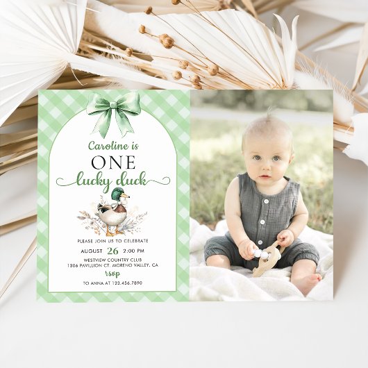Green One Lucky Duck 1e verjaardag foto uitnodigin Kaart
