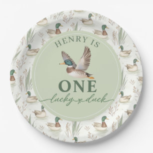 Green One Lucky Duck 1st Birthday Paper Borden Papieren Bordje