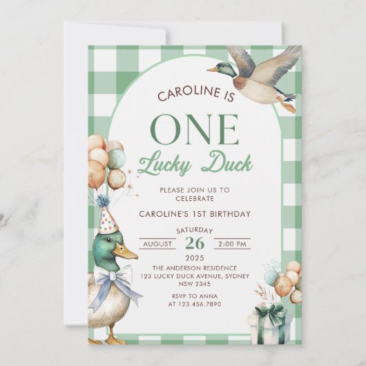 Green One Lucky Duck 1st Verjaardag Uitnodiging (Voorkant)