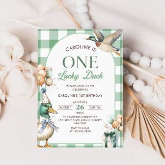 Green One Lucky Duck 1st Verjaardag Uitnodiging